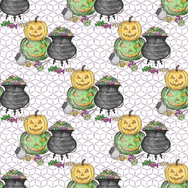 Halloween Candy Elements on Trellis Fabric - White - ineedfabric.com