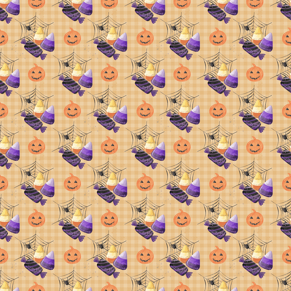 Halloween Candy & Spiders Fabric - Orange - ineedfabric.com