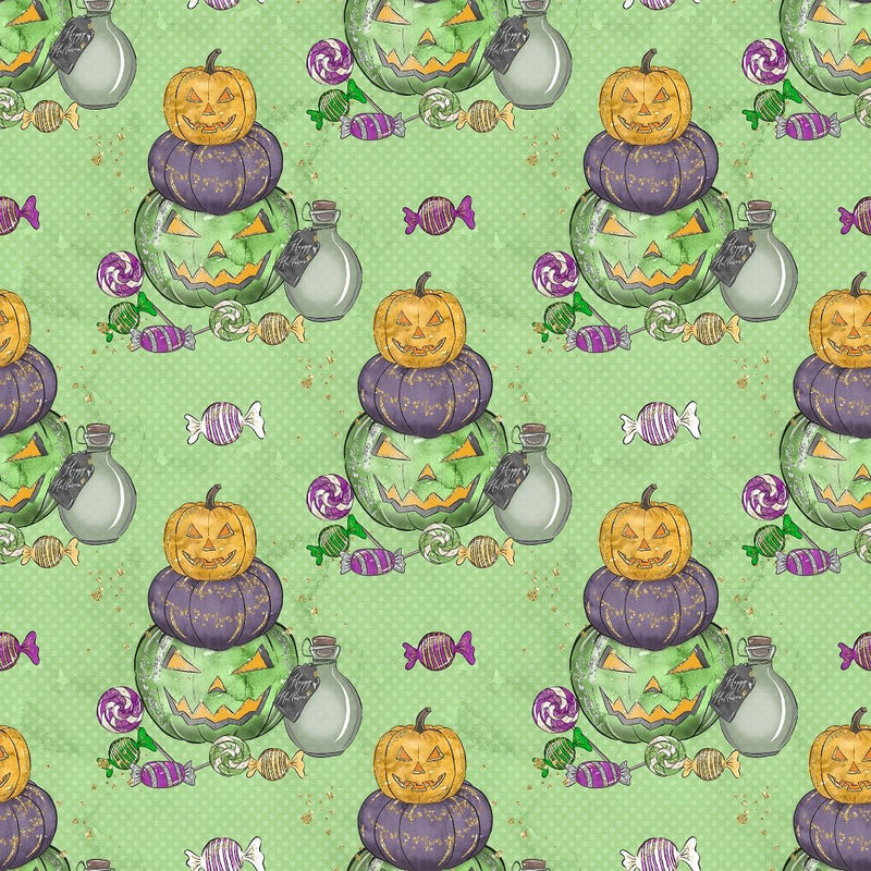 Halloween Candy Stacked Pumpkins Fabric - Green - ineedfabric.com