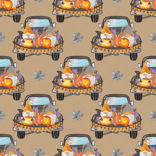 Halloween Gnomes on Truck Fabric - Tan - ineedfabric.com
