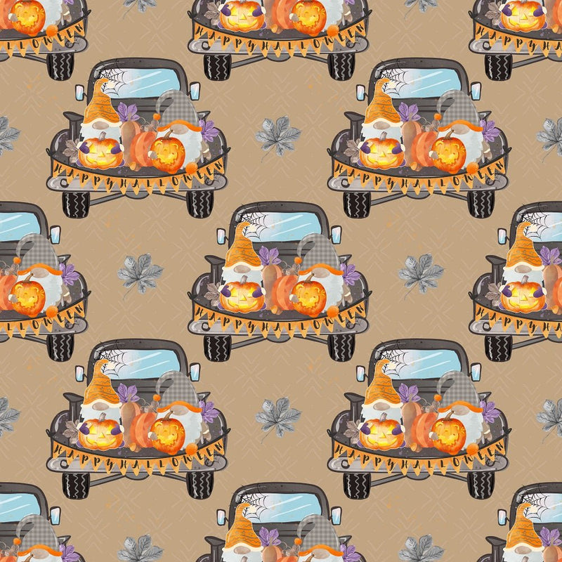 Halloween Gnomes on Truck Fabric - Tan - ineedfabric.com
