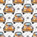 Halloween Gnomes on Truck Fabric - White - ineedfabric.com