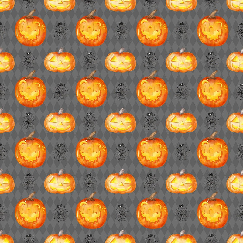 Halloween Gnomes Various Pumpkins Fabric - Gray - ineedfabric.com