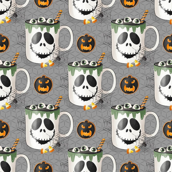 Halloween Mugs Frankenstein Fabric - Gray - ineedfabric.com