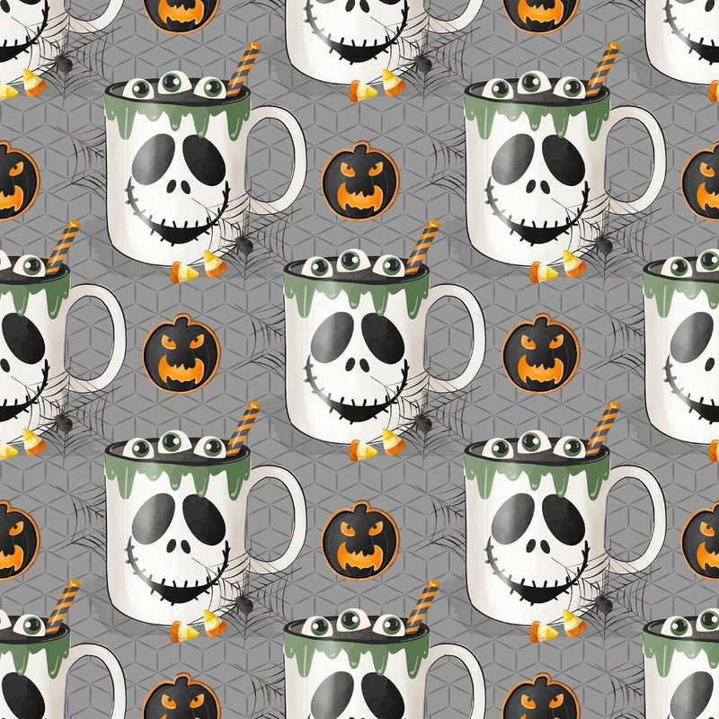 Halloween Mugs Frankenstein Fabric - Gray - ineedfabric.com