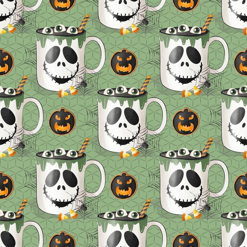 Halloween Mugs Frankenstein Fabric - Green - ineedfabric.com