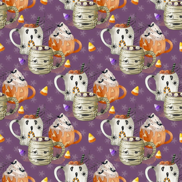 Halloween Mugs Multi Fabric - Purple - ineedfabric.com