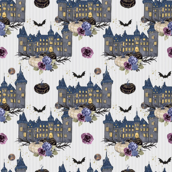 Halloween Night Castle Fabric - White - ineedfabric.com