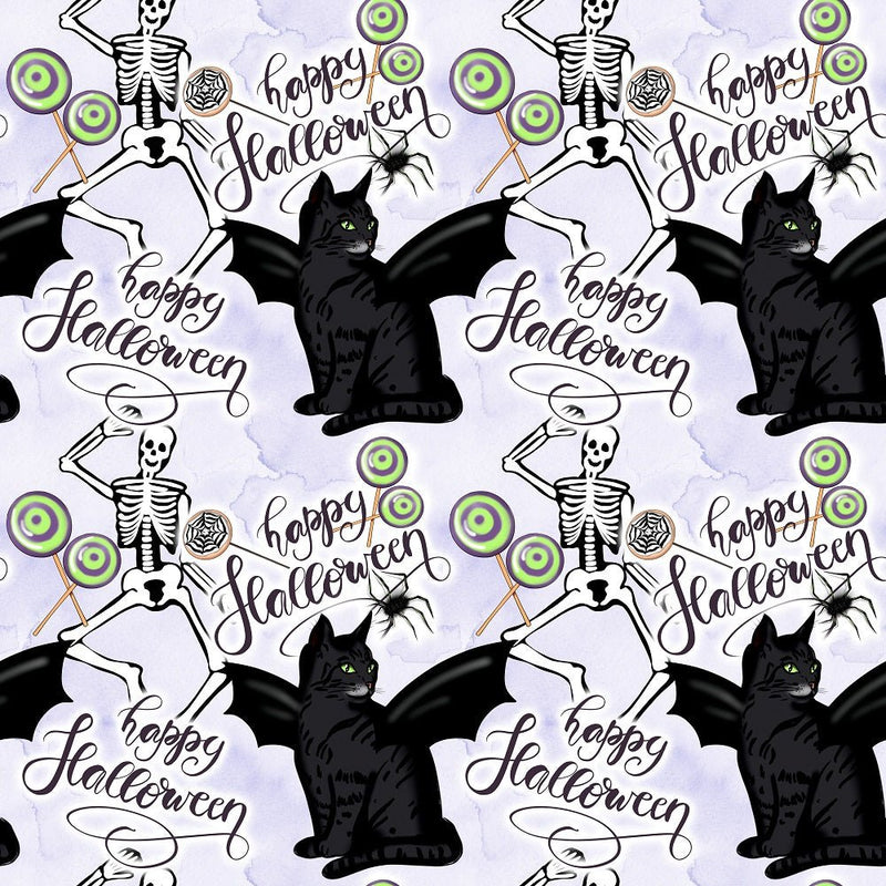 Halloween Please! Black Cats and Skeletons Fabric - ineedfabric.com