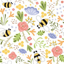 Hand Drawn Cartoon Bee Bright Flowers Fabric - White - ineedfabric.com