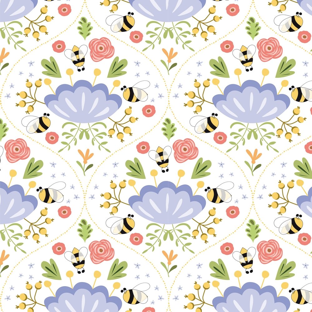 Hand Drawn Cartoon Bee Damask Floral Fabric - White – ineedfabric.com