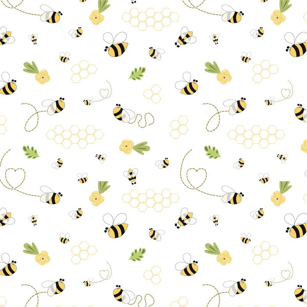 Cotton Bee Words Animals Flowers Floral Nature Bee Happy Busy Bee Sweet  Bees White Cotton Fabric Print by the Yard (SB20362-100WHITE)