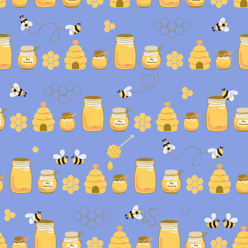 Hand Drawn Cartoon Bee Healthy Honey Fabric - Blue - ineedfabric.com