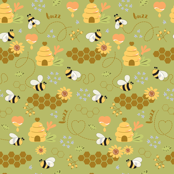 Hand Drawn Cartoon Bee Healthy Honey Fabric - Green - ineedfabric.com