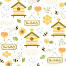 Hand Drawn Cartoon Bee House Fabric - White - ineedfabric.com