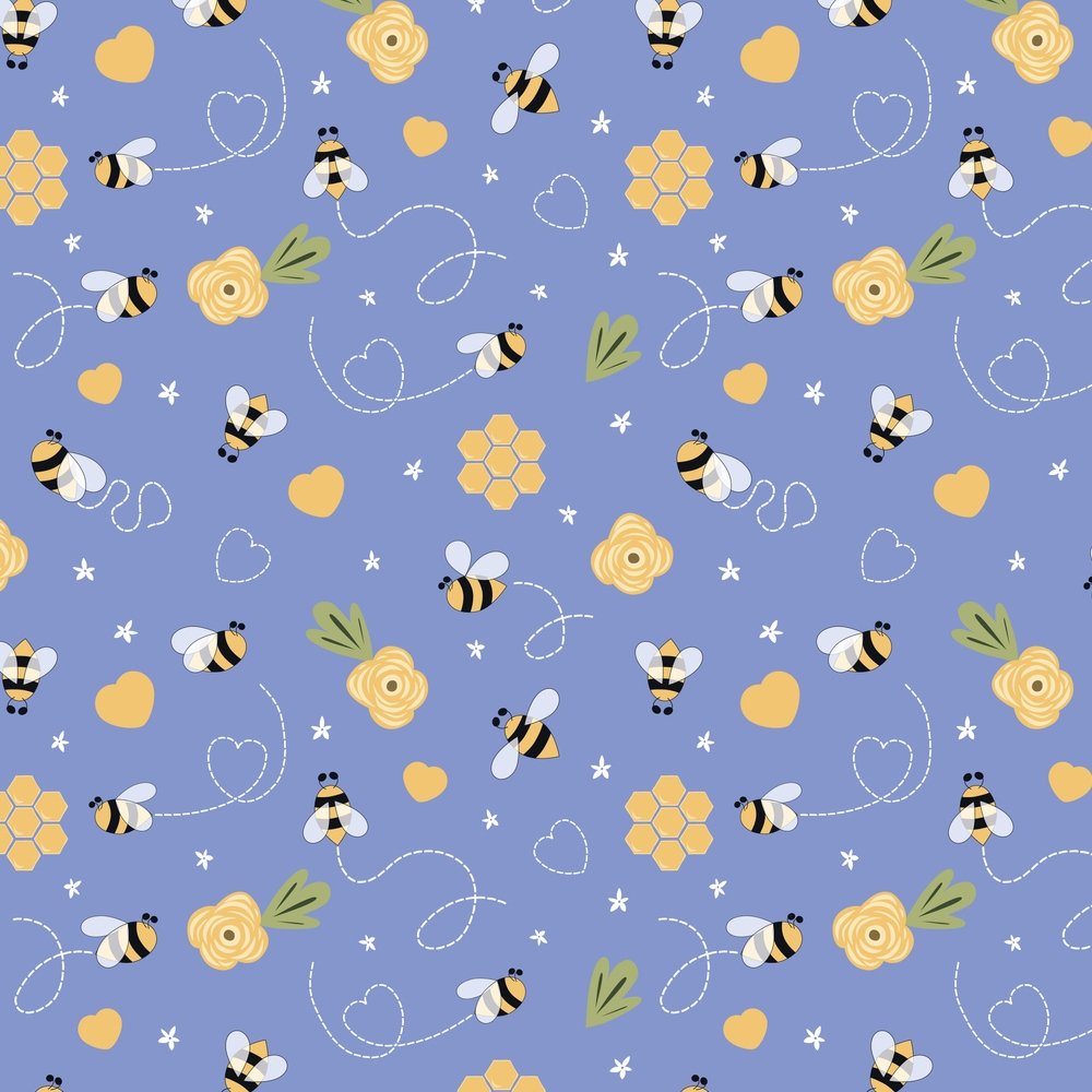 Fun Sewing Hand Drawn Cartoon Floral Honeycomb & Bee Fabric - Yellow