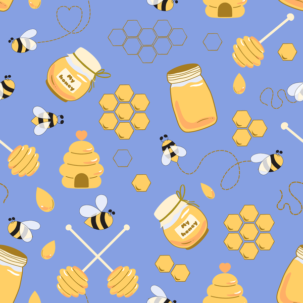 Hand Drawn Cartoon Bees And Honey Fabric - Blue - ineedfabric.com