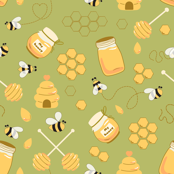 Hand Drawn Cartoon Bees And Honey Fabric - Green - ineedfabric.com