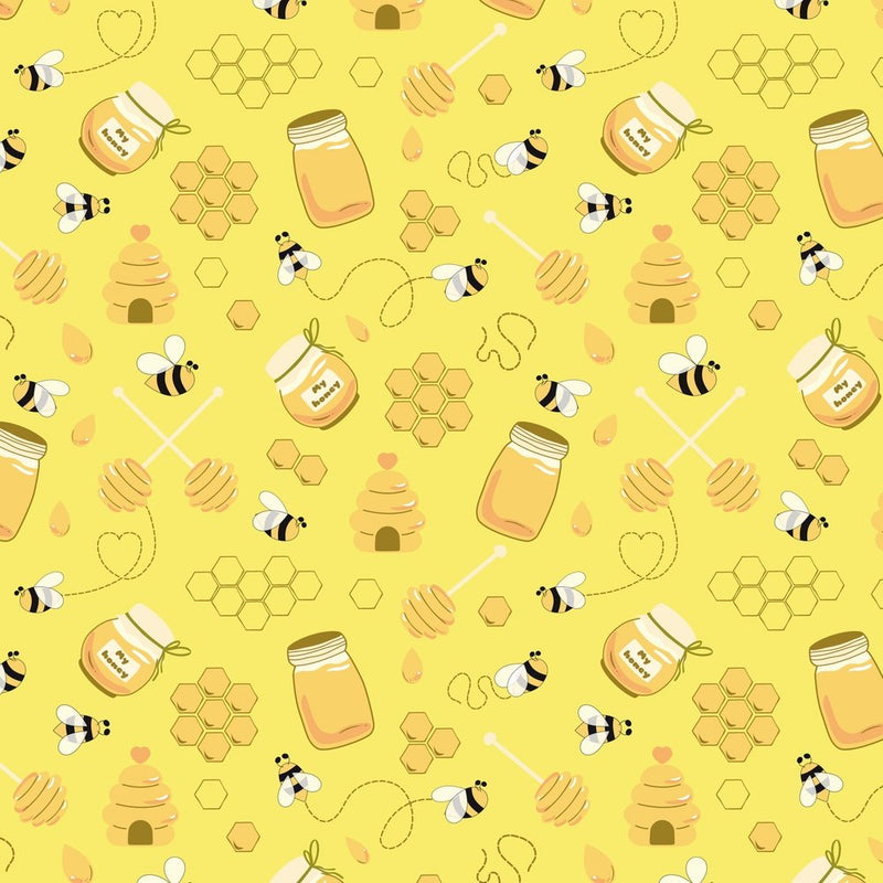 Hand Drawn Cartoon Bees And Honey Fabric - Yellow - ineedfabric.com