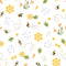Hand Drawn Cartoon Bees & Flowers Fabric - White - ineedfabric.com