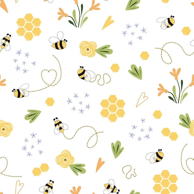 Hand Drawn Cartoon Bees & Flowers Fabric - White - ineedfabric.com