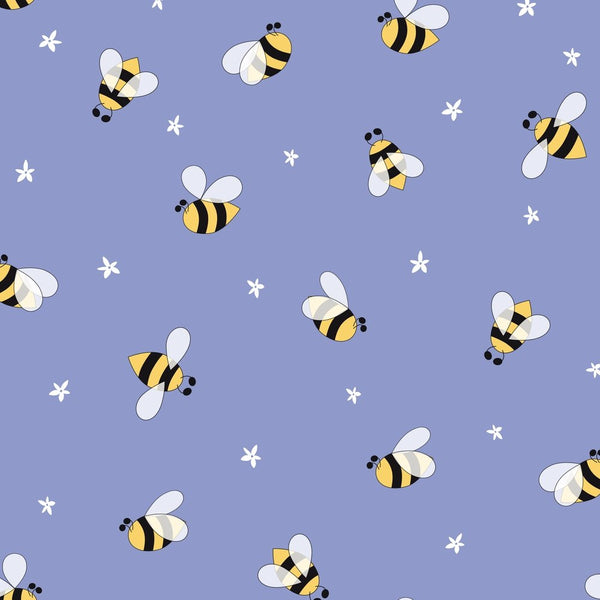 Hand Drawn Cartoon Floral And Bees Fabric - Violet - ineedfabric.com