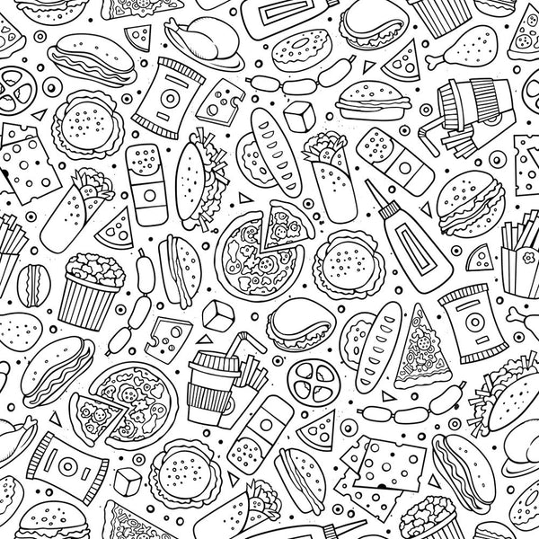 Hand Drawn Fast Food Fabric - Black/White - ineedfabric.com