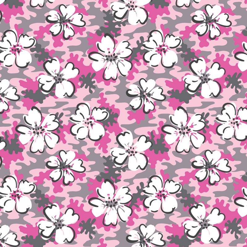 Hand Drawn Flowers On Camo Fabric - Pink - ineedfabric.com