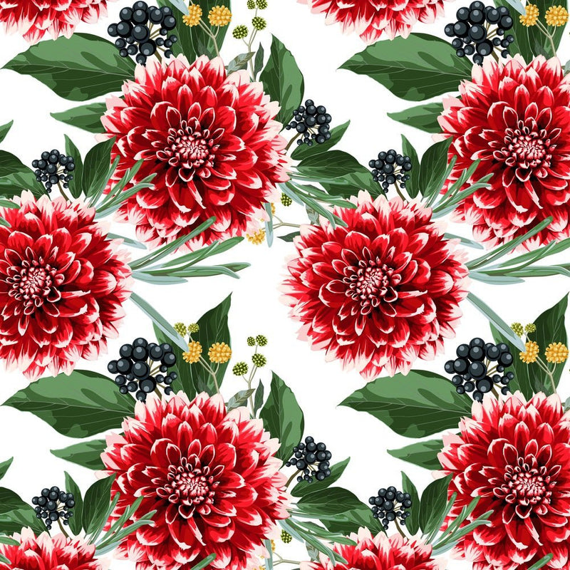 Hand Drawn Red Dahlias & Berries Fabric - ineedfabric.com