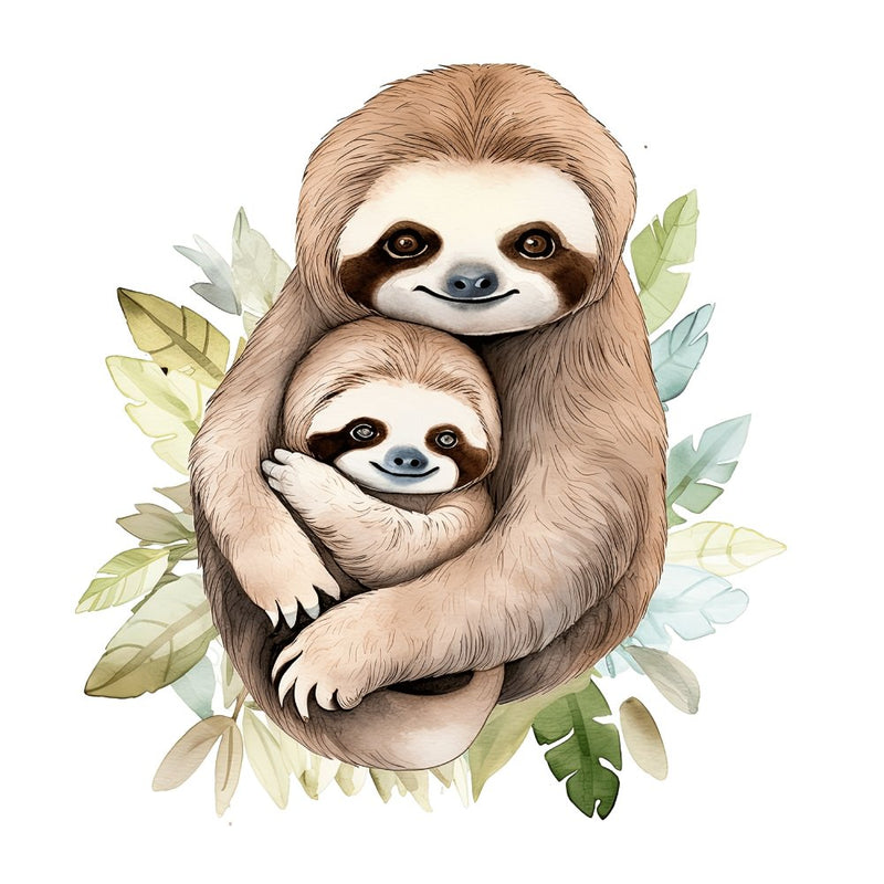 Hand Drawn Sloths Mom & Baby 1 Fabric Panel - ineedfabric.com