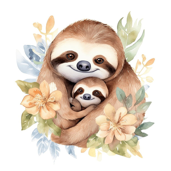 Hand Drawn Sloths Mom & Baby 2 Fabric Panel - ineedfabric.com