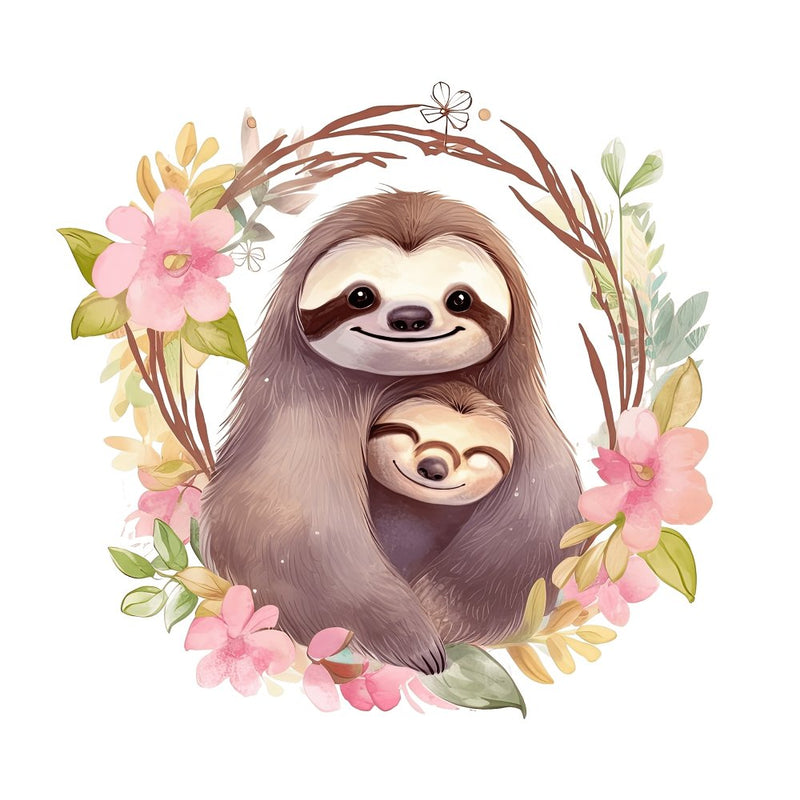 Hand Drawn Sloths Mom & Baby 3 Fabric Panel - ineedfabric.com