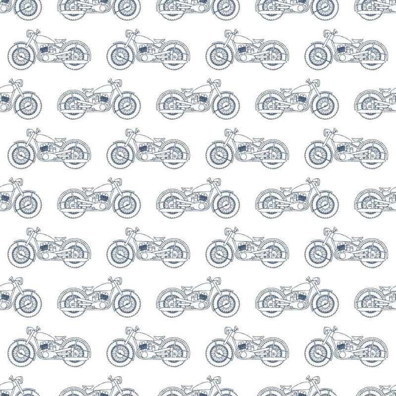 Hand Drawn Vintage Motorcycle Fabric - Blue - ineedfabric.com