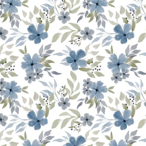 Hand Painted Floral With Leaves Fabric - Blue - ineedfabric.com