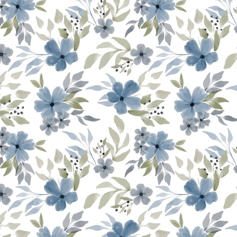 Hand Painted Floral With Leaves Fabric - Blue - ineedfabric.com