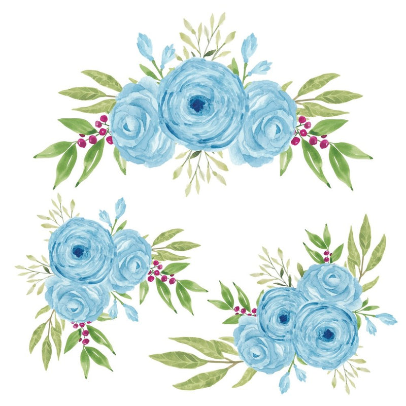 Hand Painted Rose Flower Bouquet Fabric Panel - Blue - ineedfabric.com