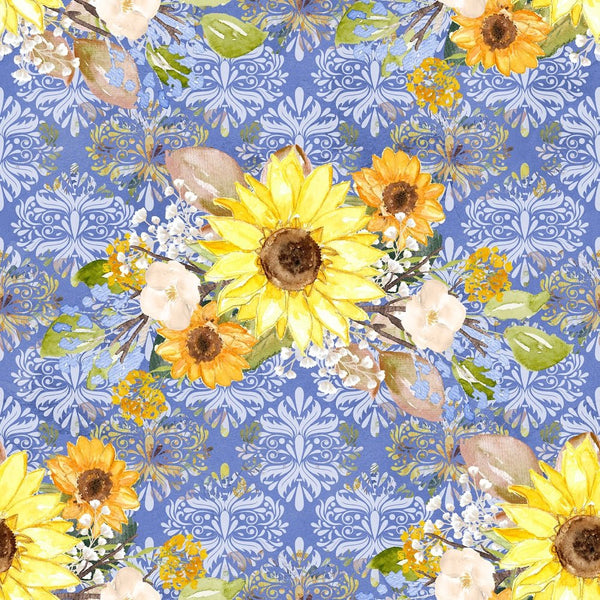 Vintage Autumn Sunflower Fabric - Blue