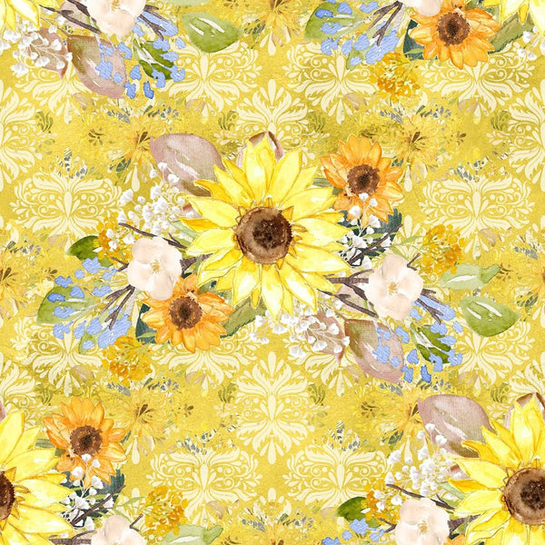 Hand Painted Sunflowers on Damask Fabric - Yellow - ineedfabric.com
