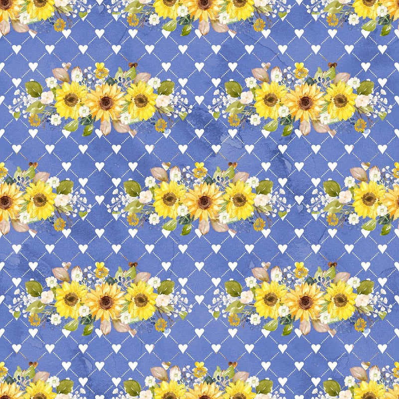 Hand Painted Sunflowers on Hearts Fabric - Blue - ineedfabric.com