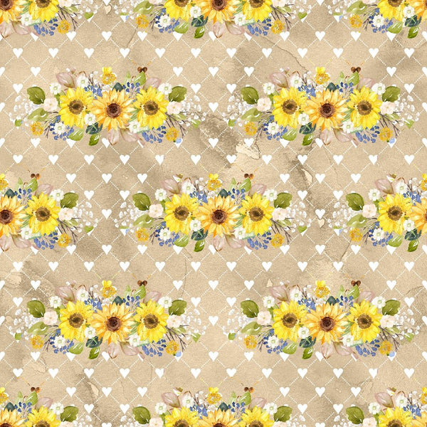 Hand Painted Sunflowers on Hearts Fabric - Tan - ineedfabric.com
