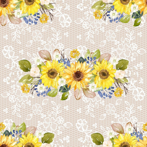 Hand Painted Sunflowers on Lace Fabric - Tan - ineedfabric.com
