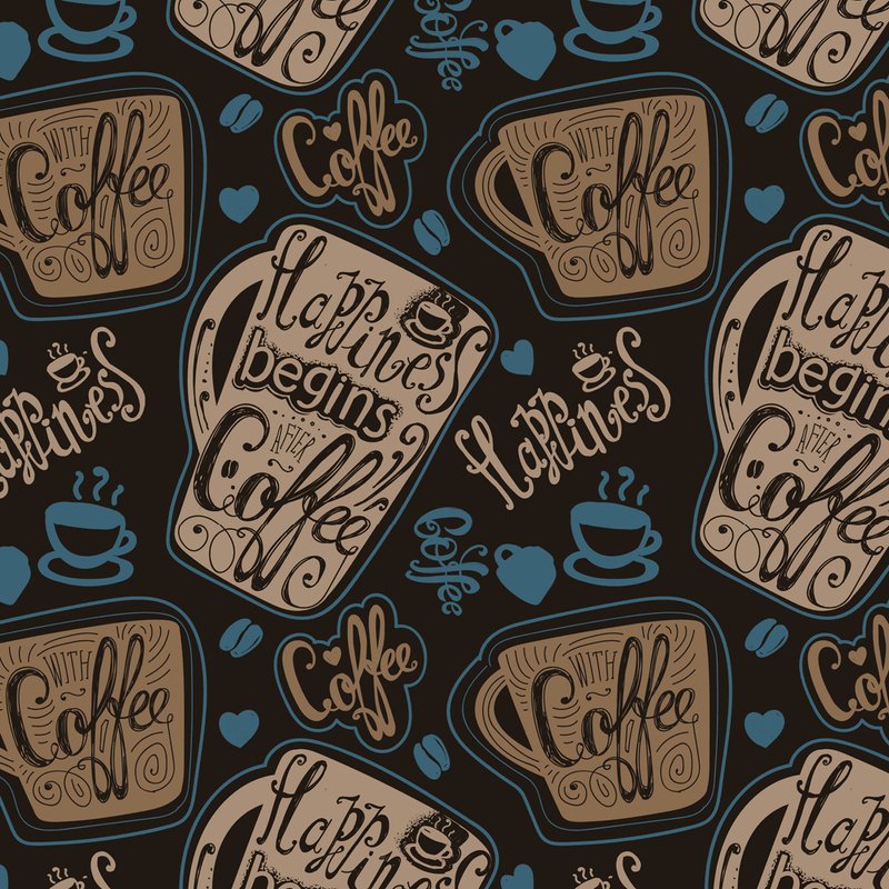 Happiness Begins After Coffee Fabric - Blue/Brown - ineedfabric.com