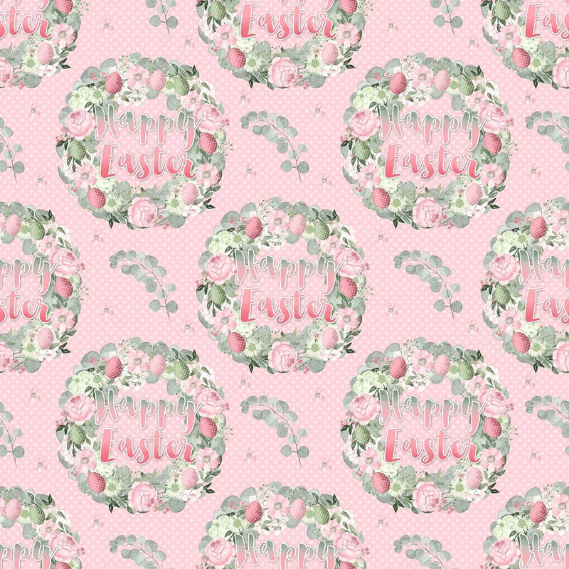 Happy Easter Wreath on Polka Dot Fabric - Pink - ineedfabric.com