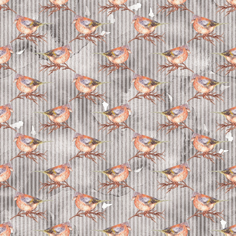 Happy Fall Birds on Gray Stripes Fabric - ineedfabric.com