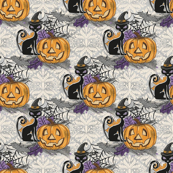 Happy Halloween Cat and Pumpkin on Damask Fabric - White - ineedfabric.com