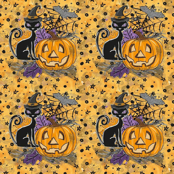 Happy Halloween Cat and Pumpkin on Fade Fabric - ineedfabric.com