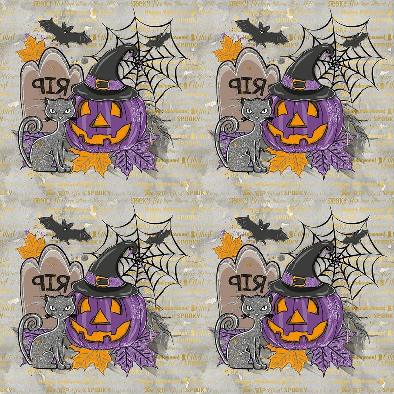 Happy Halloween Cat and Pumpkin on Words Fabric - ineedfabric.com
