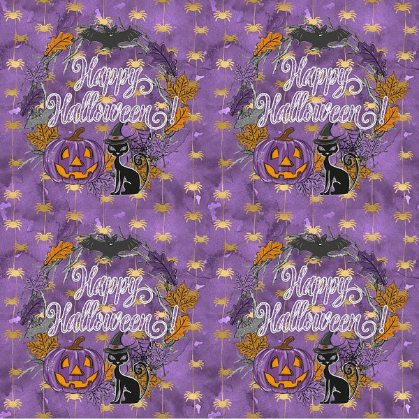 Happy Halloween Wreath Fabric - Purple - ineedfabric.com