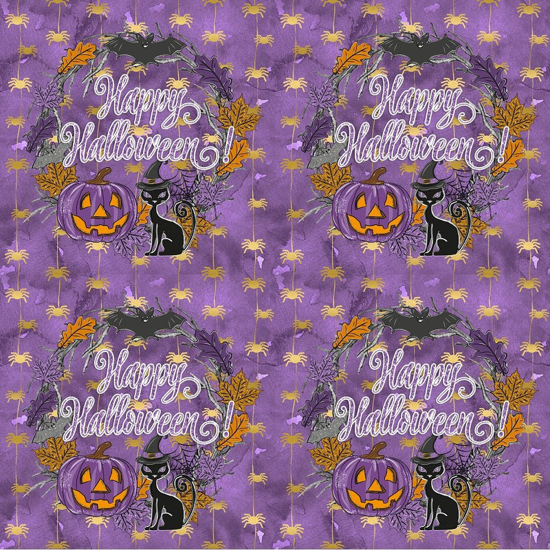 Happy Halloween Wreath Fabric - Purple - ineedfabric.com