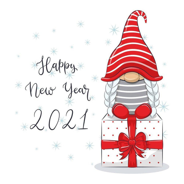 Happy New Year Gnome Fabric Panel - White - ineedfabric.com